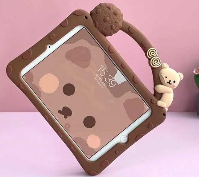 Brown cartoon design silicone sleeve case for iPad tablet on a white background.
