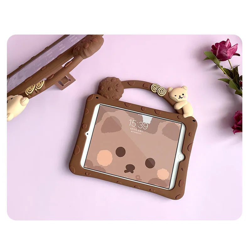 Brown cartoon design silicone sleeve case for iPad tablet on a white background.