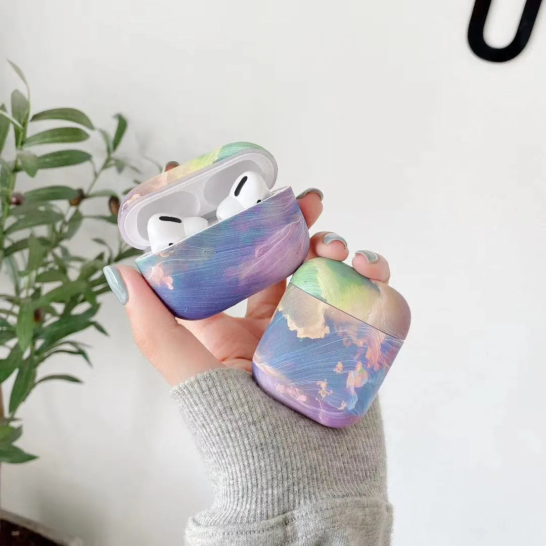 Pink and blue watercolour design hard plastic protective case for Apple AirPods Pro, AirPods 1, and AirPods 2.