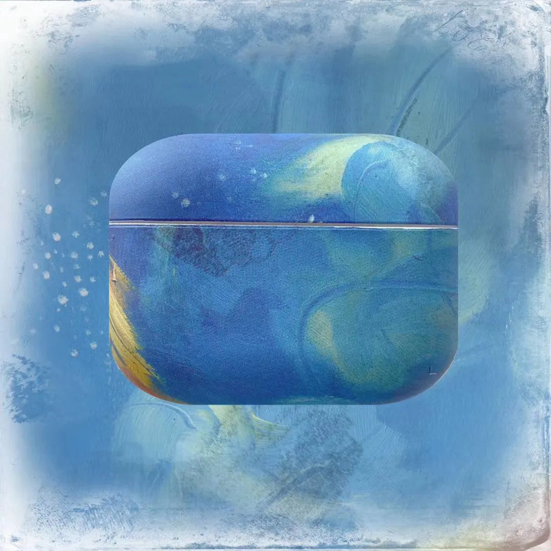 Pink and blue watercolour design hard plastic protective case for Apple AirPods Pro, AirPods 1, and AirPods 2.