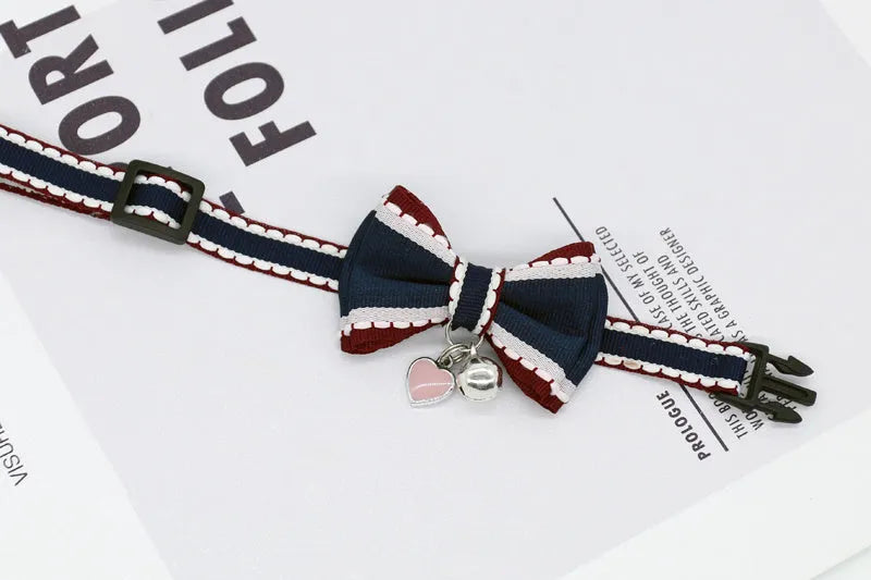 Small pet cat bell collar with bow tie in beige flower and pink rope, adjustable 15-40cm neck