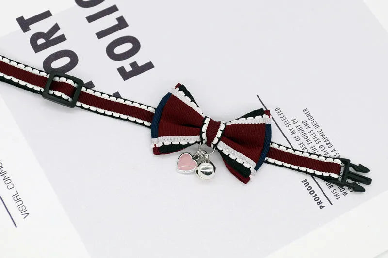 Small pet cat bell collar with bow tie in beige flower and pink rope, adjustable 15-40cm neck