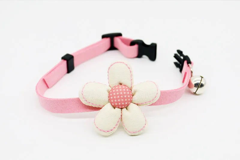 Small pet cat bell collar with bow tie in beige flower and pink rope, adjustable 15-40cm neck