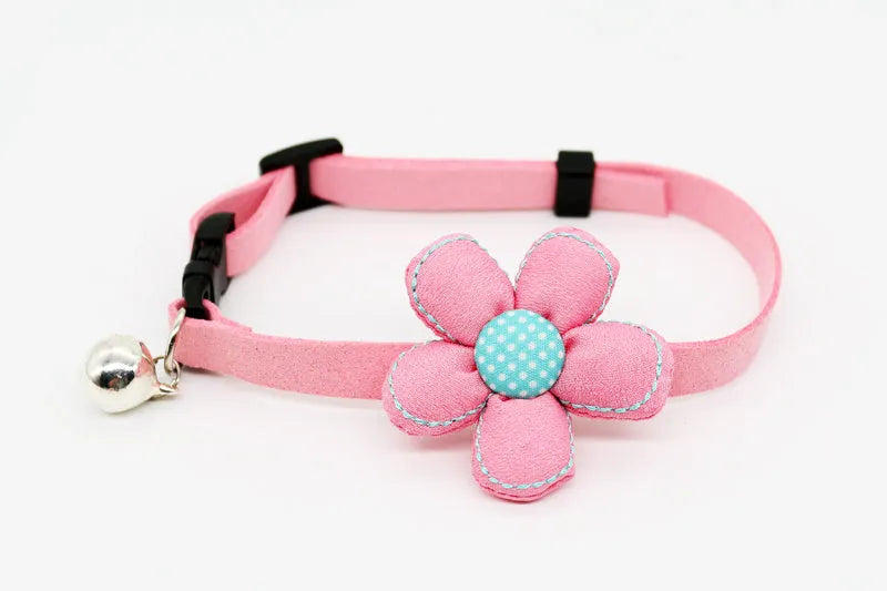 Small pet cat bell collar with bow tie in beige flower and pink rope, adjustable 15-40cm neck