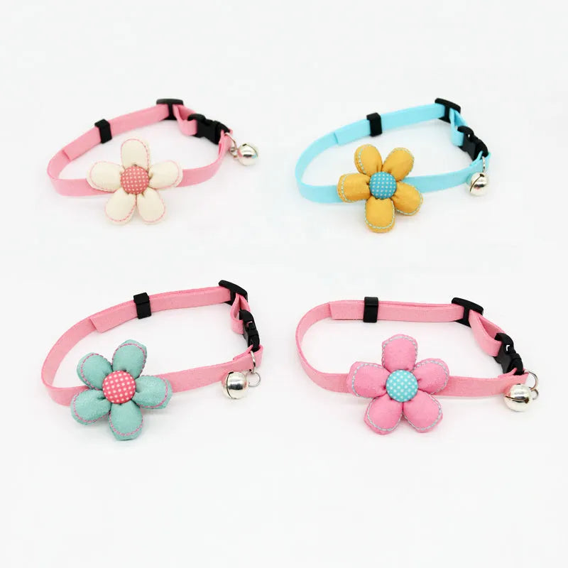 Small pet cat bell collar with bow tie in beige flower and pink rope, adjustable 15-40cm neck
