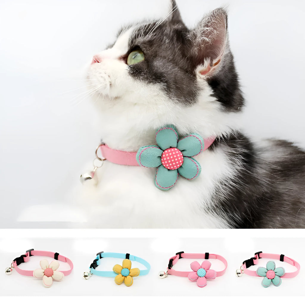 Small pet cat bell collar with bow tie in beige flower and pink rope, adjustable 15-40cm neck