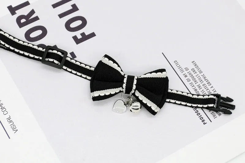 Small pet cat bell collar with bow tie in beige flower and pink rope, adjustable 15-40cm neck
