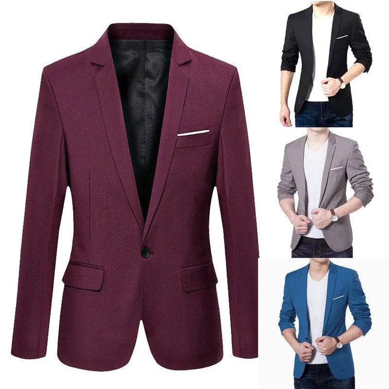 Men's slim fit cotton blend suit jacket with stand-up collar and three-quarter sleeves in black