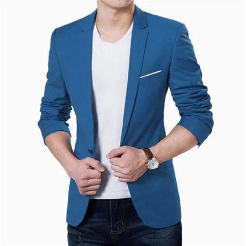 Men's slim fit cotton blend suit jacket with stand-up collar and three-quarter sleeves in black