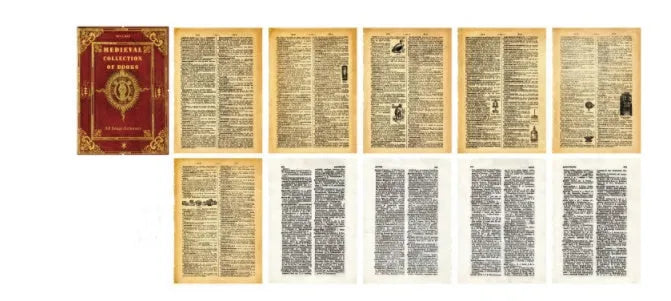 Antique simulation book page materials collection with distressed paper and vintage covers