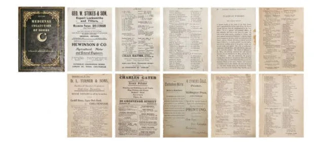 Antique simulation book page materials collection with distressed paper and vintage covers