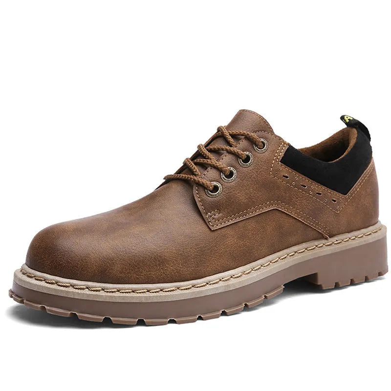 Men's black casual shoes with round toe and rubber soles showing front-tie design