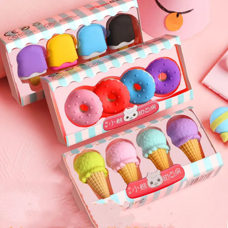 Cartoon eraser gift set with 12 pieces showing cone, ice cream, lollipop and donut designs