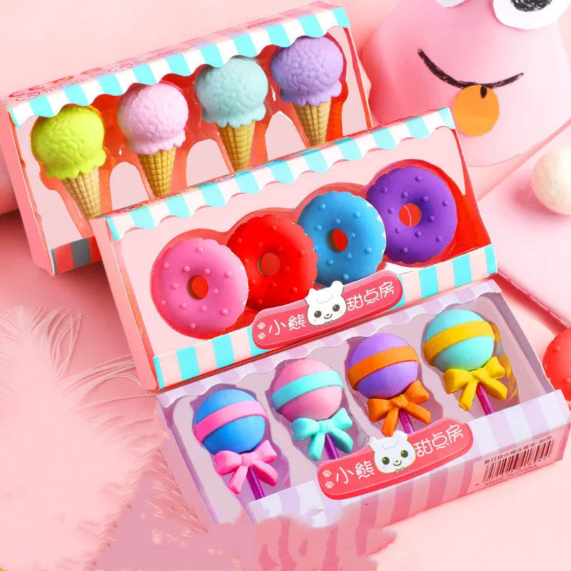 Cartoon eraser gift set with 12 pieces showing cone, ice cream, lollipop and donut designs