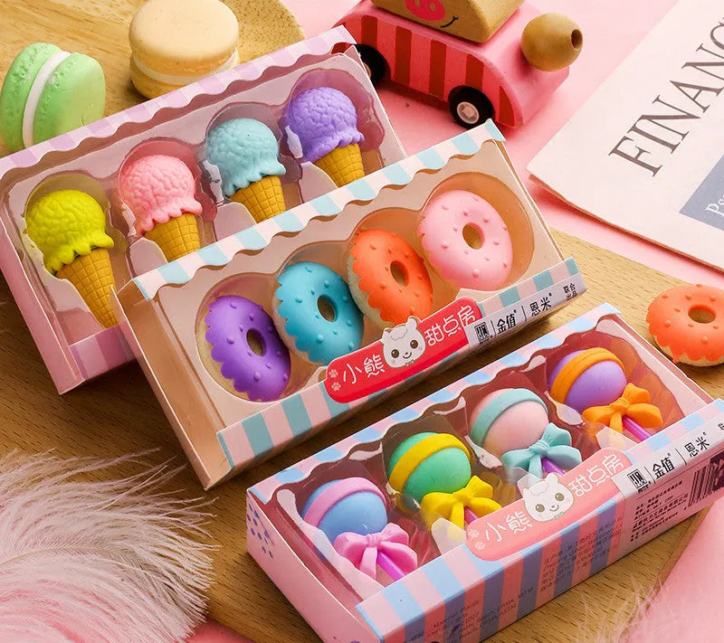 Cartoon eraser gift set with 12 pieces showing cone, ice cream, lollipop and donut designs