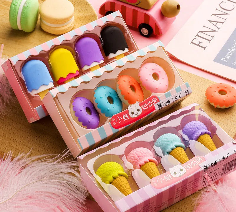 Cartoon eraser gift set with 12 pieces showing cone, ice cream, lollipop and donut designs