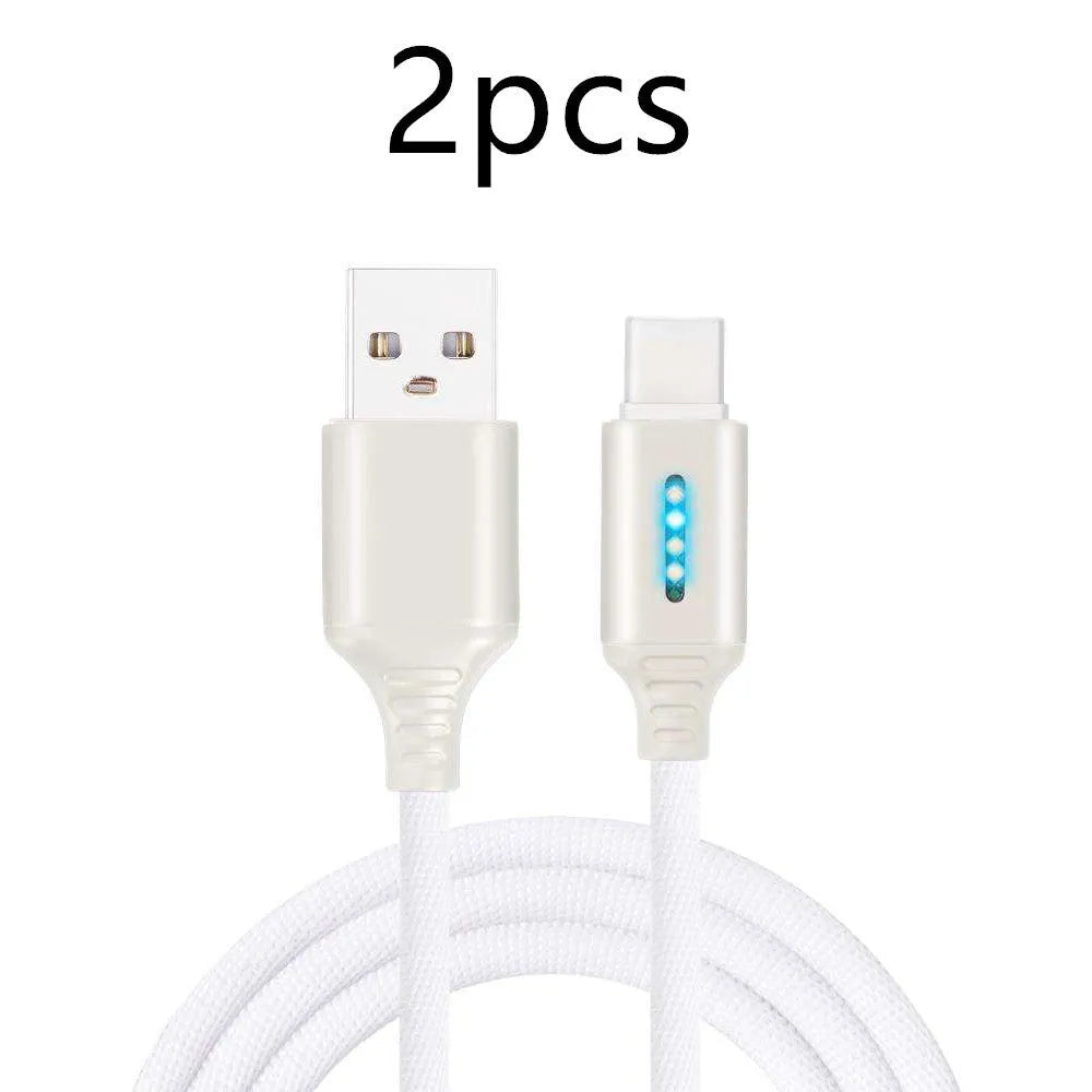 Fabric braided USB fast charging cable in black, shown with Android and Type-C connectors.