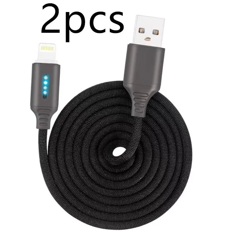Fabric braided USB fast charging cable in black, shown with Android and Type-C connectors.