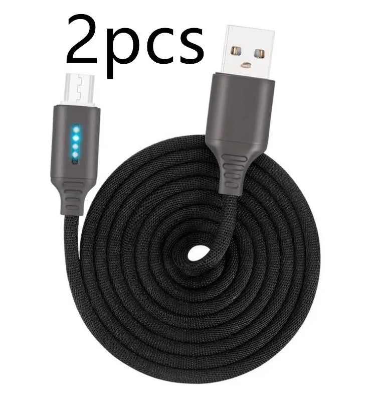 Fabric braided USB fast charging cable in black, shown with Android and Type-C connectors.