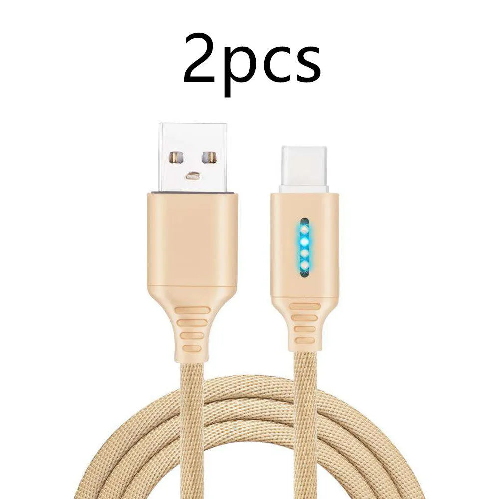 Fabric braided USB fast charging cable in black, shown with Android and Type-C connectors.
