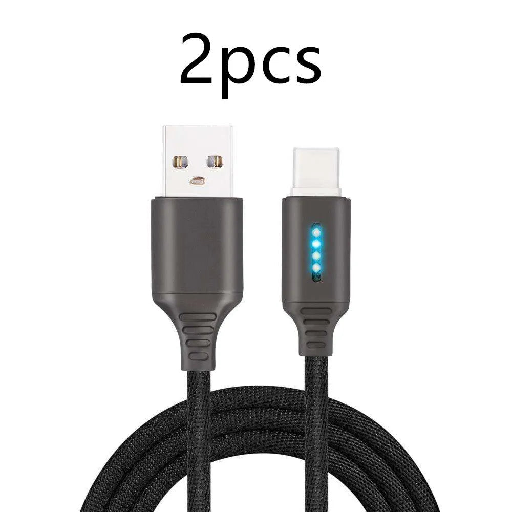 Fabric braided USB fast charging cable in black, shown with Android and Type-C connectors.