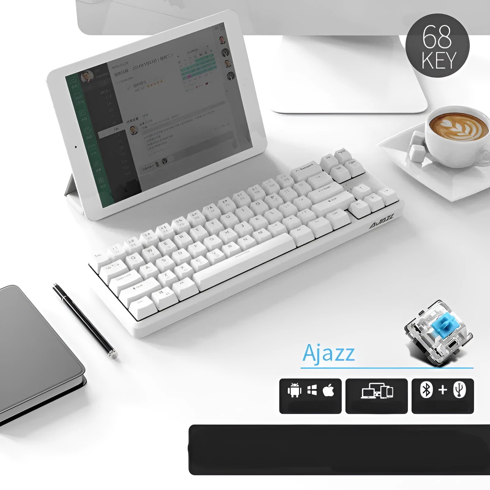 Mini USB wired Bluetooth mechanical keyboard with pearl white finish, black shaft keys, and compact 340mm layout