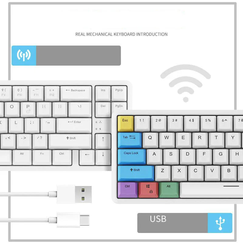 Mini USB wired Bluetooth mechanical keyboard with pearl white finish, black shaft keys, and compact 340mm layout