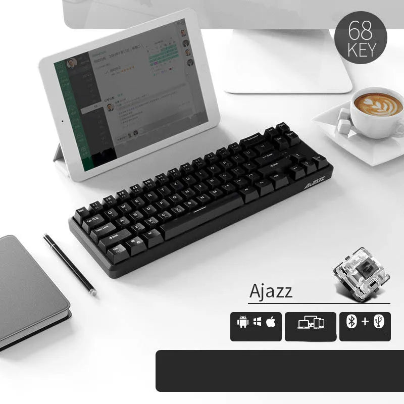 Mini USB wired Bluetooth mechanical keyboard with pearl white finish, black shaft keys, and compact 340mm layout