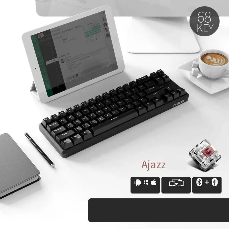 Mini USB wired Bluetooth mechanical keyboard with pearl white finish, black shaft keys, and compact 340mm layout