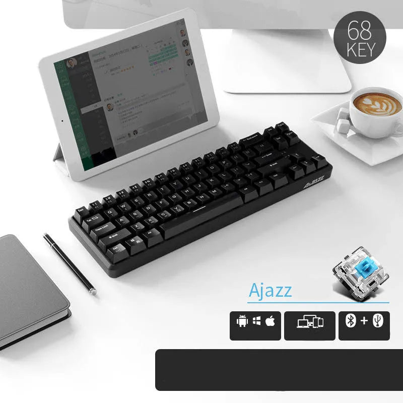 Mini USB wired Bluetooth mechanical keyboard with pearl white finish, black shaft keys, and compact 340mm layout