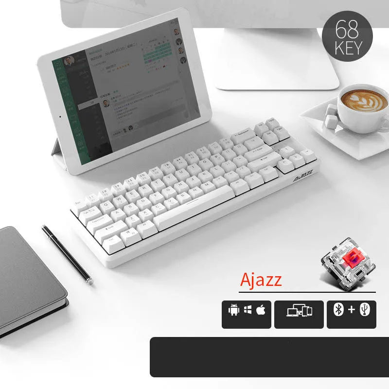 Mini USB wired Bluetooth mechanical keyboard with pearl white finish, black shaft keys, and compact 340mm layout