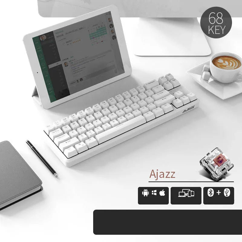 Mini USB wired Bluetooth mechanical keyboard with pearl white finish, black shaft keys, and compact 340mm layout