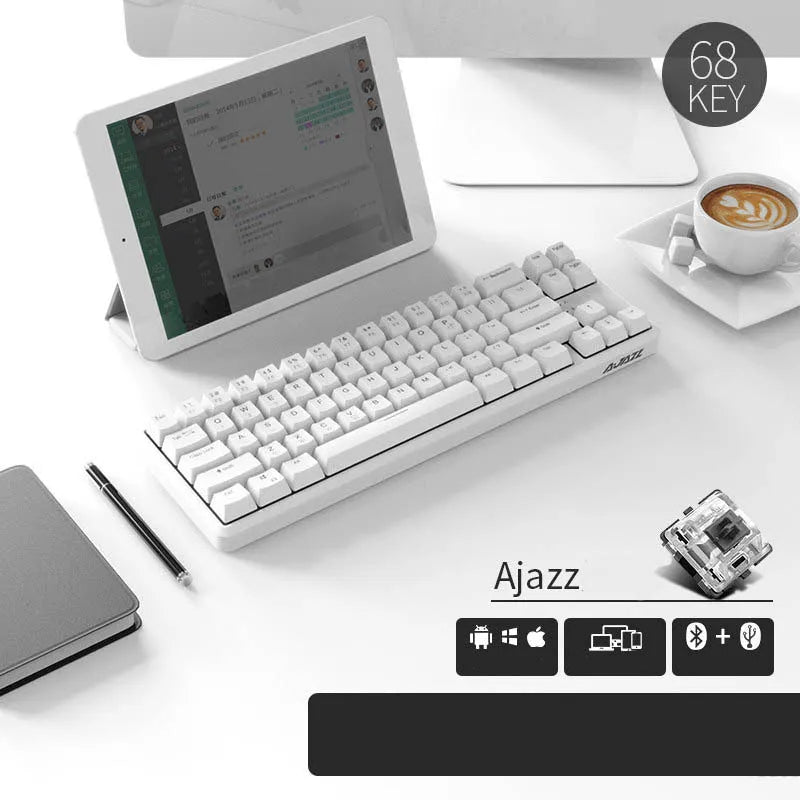 Mini USB wired Bluetooth mechanical keyboard with pearl white finish, black shaft keys, and compact 340mm layout