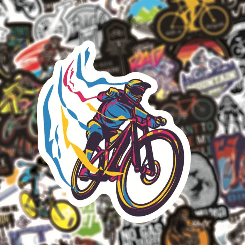 Pack of 50 self-adhesive bicycle-themed vinyl stickers for decorating equipment.
