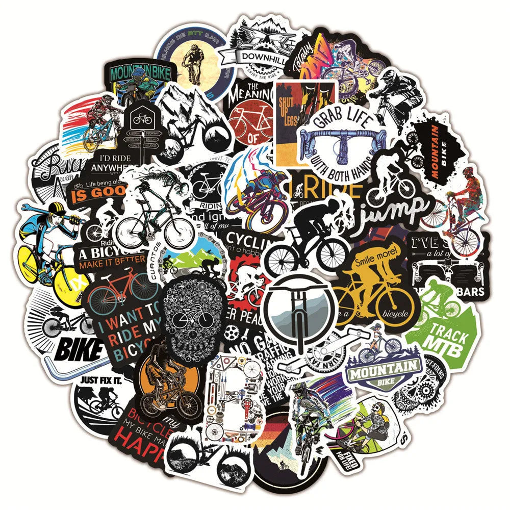 Pack of 50 self-adhesive bicycle-themed vinyl stickers for decorating equipment.