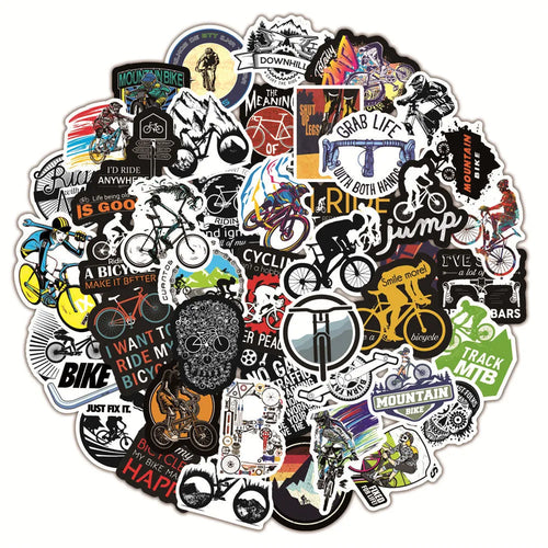 Pack of 50 self-adhesive bicycle-themed vinyl stickers for decorating equipment.
