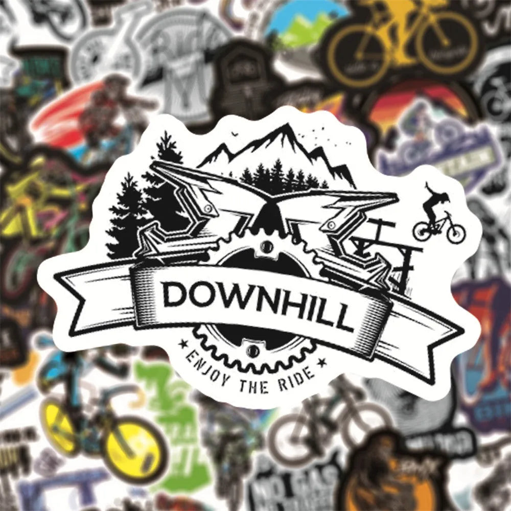 Pack of 50 self-adhesive bicycle-themed vinyl stickers for decorating equipment.