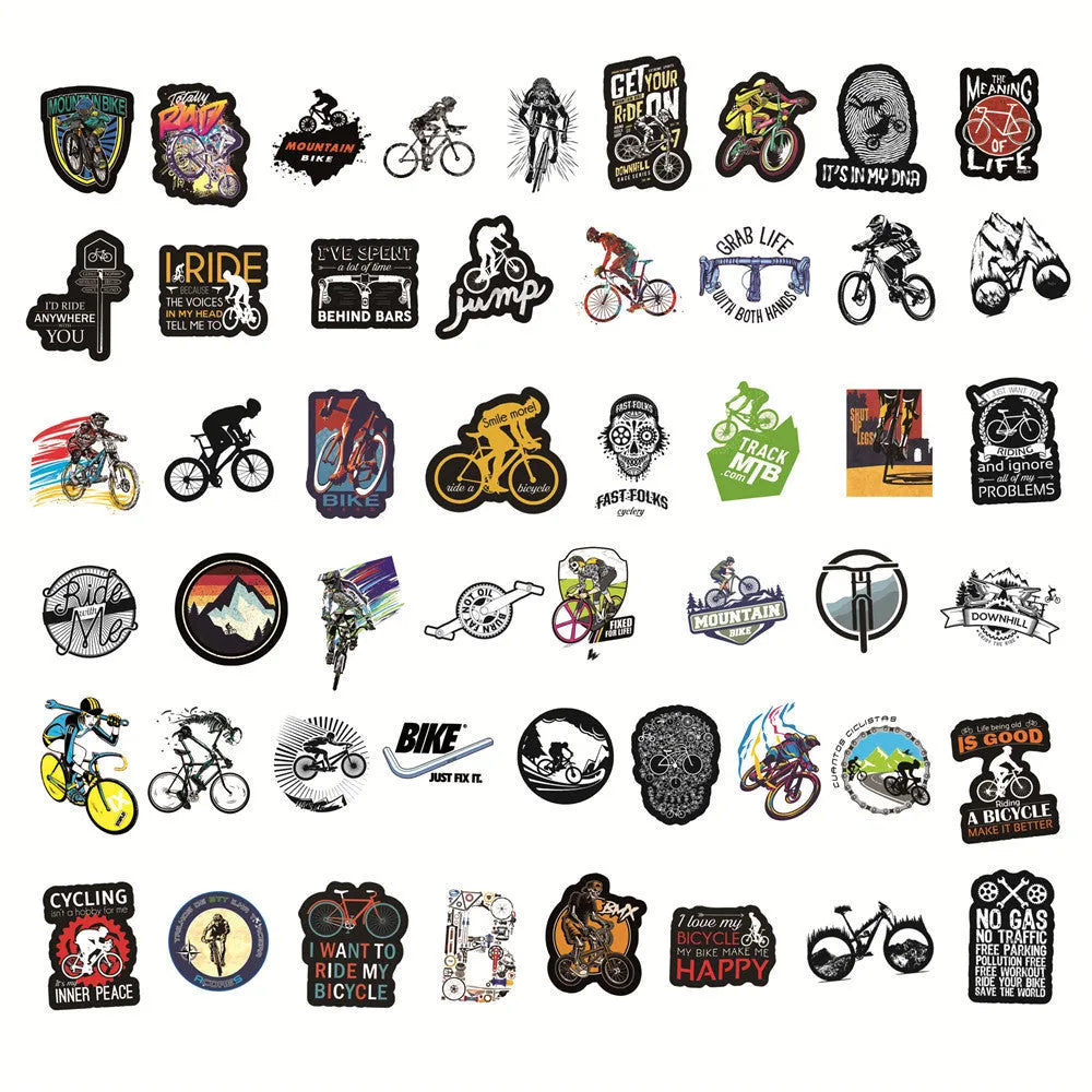 Pack of 50 self-adhesive bicycle-themed vinyl stickers for decorating equipment.