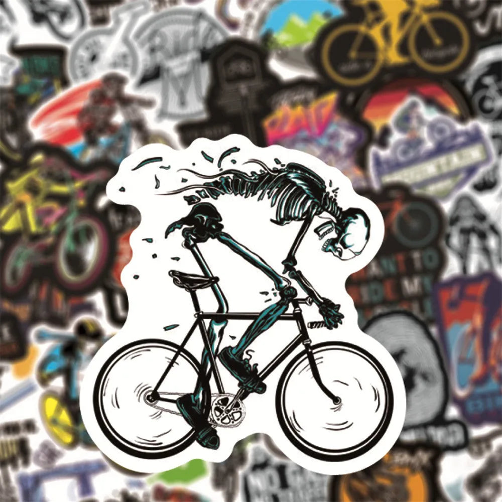 Pack of 50 self-adhesive bicycle-themed vinyl stickers for decorating equipment.