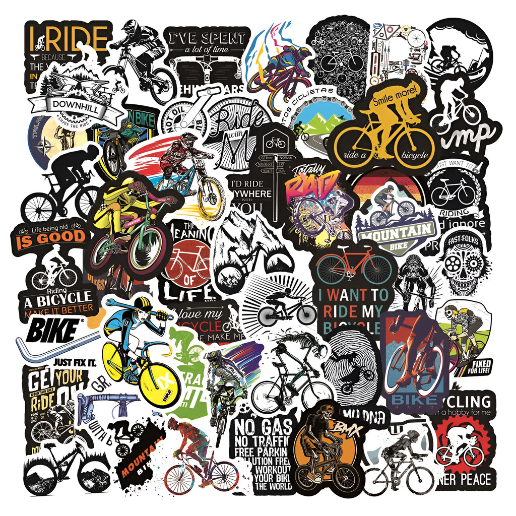 Pack of 50 self-adhesive bicycle-themed vinyl stickers for decorating equipment.