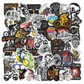 Pack of 50 self-adhesive bicycle-themed vinyl stickers for decorating equipment.