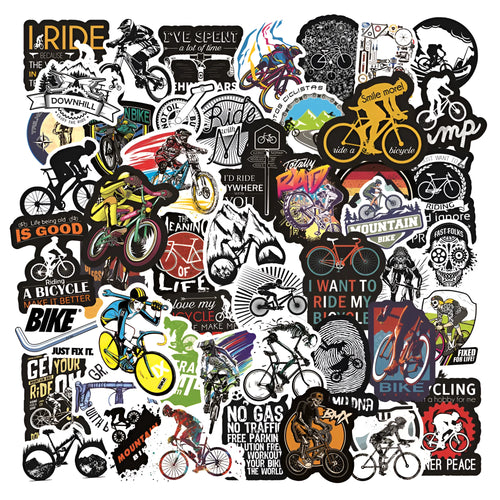 Pack of 50 self-adhesive bicycle-themed vinyl stickers for decorating equipment.