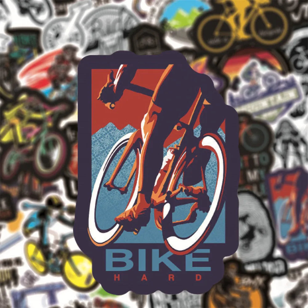 Pack of 50 self-adhesive bicycle-themed vinyl stickers for decorating equipment.