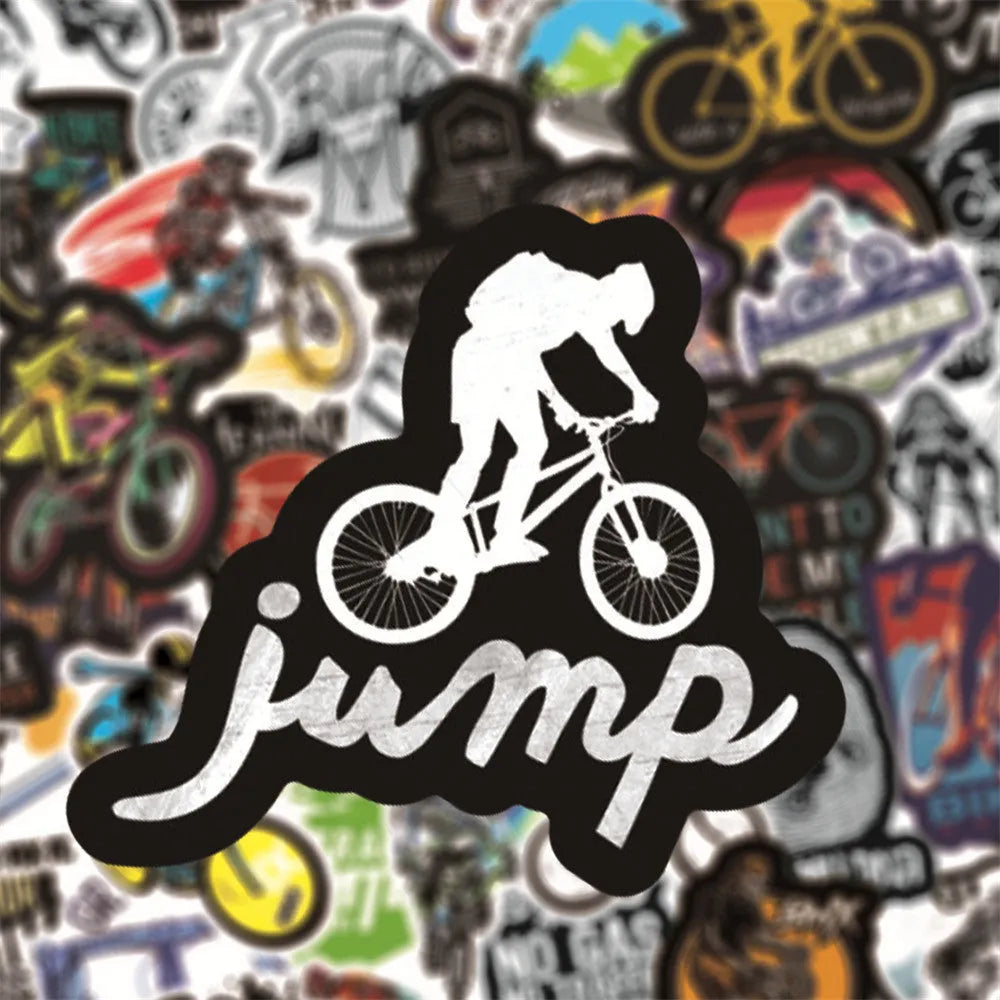 Pack of 50 self-adhesive bicycle-themed vinyl stickers for decorating equipment.