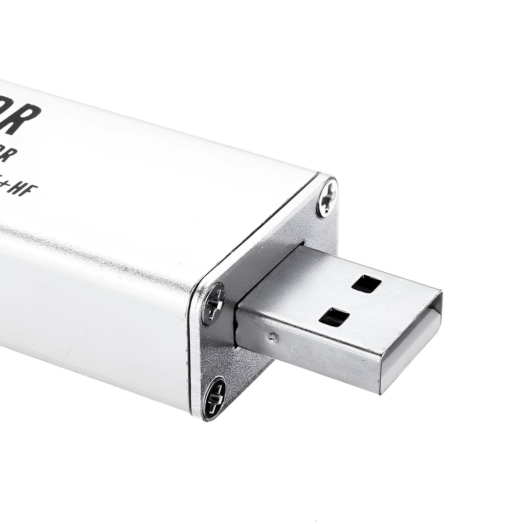 Black metal USB software defined radio receiver with SMA connector for 25MHz to 1700MHz monitoring