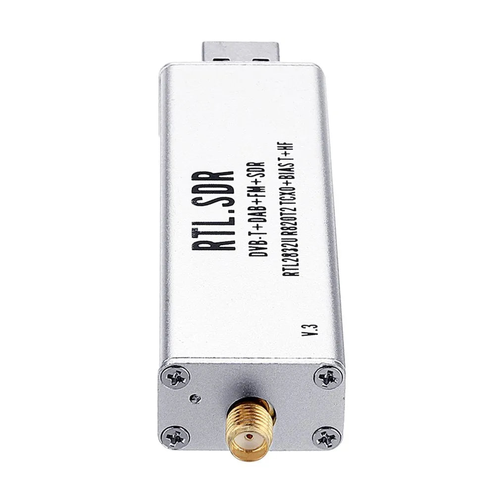 Black metal USB software defined radio receiver with SMA connector for 25MHz to 1700MHz monitoring