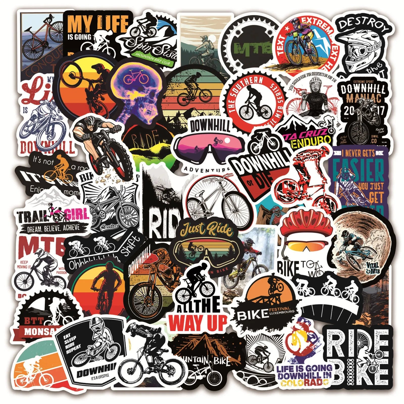 Pack of 50 self-adhesive bicycle-themed vinyl stickers for decorating equipment.