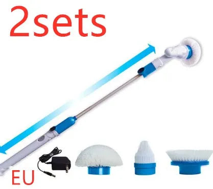 Blue rechargeable electric cleaning brush with retractable extension rod and three brush heads