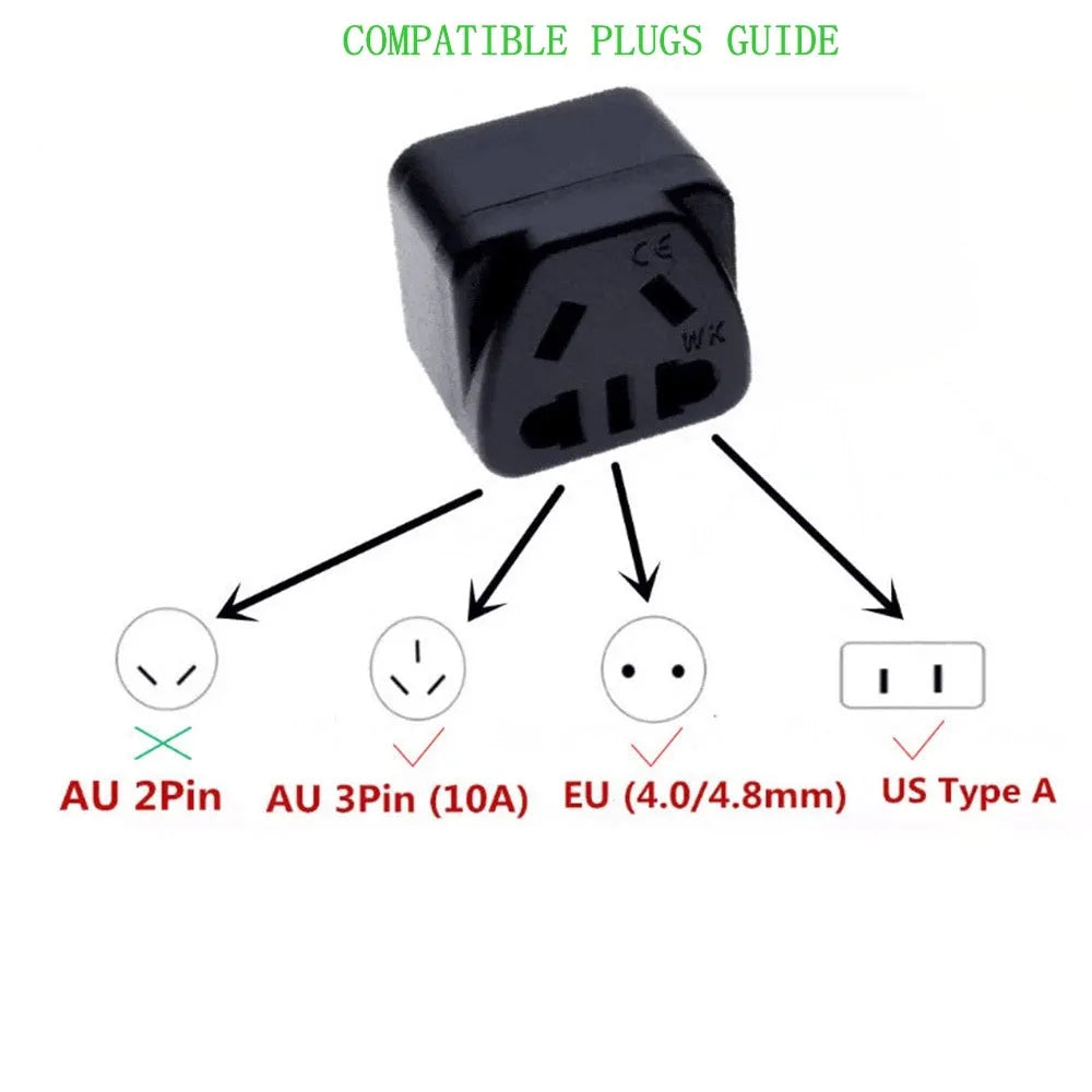 Square three plug international power adapter with five sockets in black or white