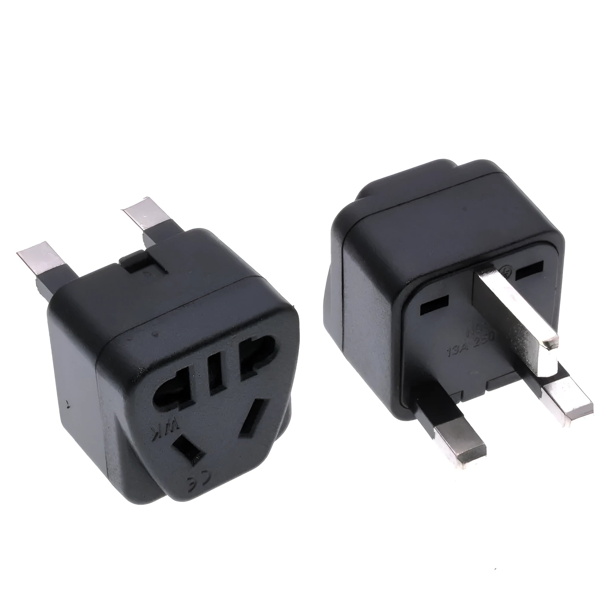 Square three plug international power adapter with five sockets in black or white